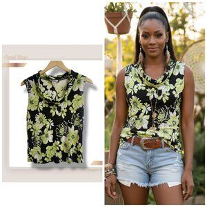 🌿 Women's Medium Y2K Vintage Carol Rose Cowl Neck Sleeveless Floral Top